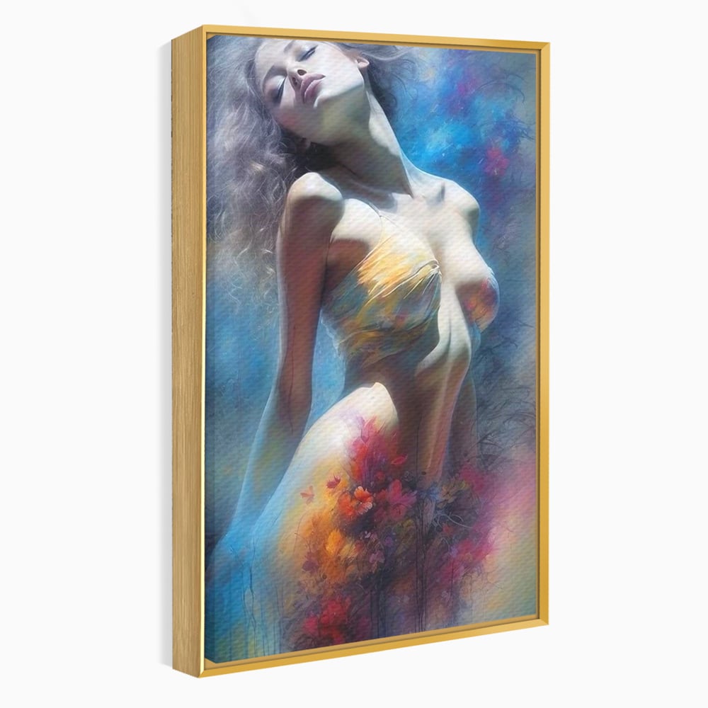 Tablou canvas cu tablou canvas cu femeie si flori, in rama de aluminiu auriu